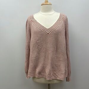 Ann Taylor LOFT Chunky Striped Knit V-Neck Oversized Sweater Orange Large